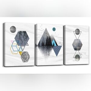 Modern Indigo Abstract Geometric 3-Piece Canvas Wall Art Set with Forest Accents